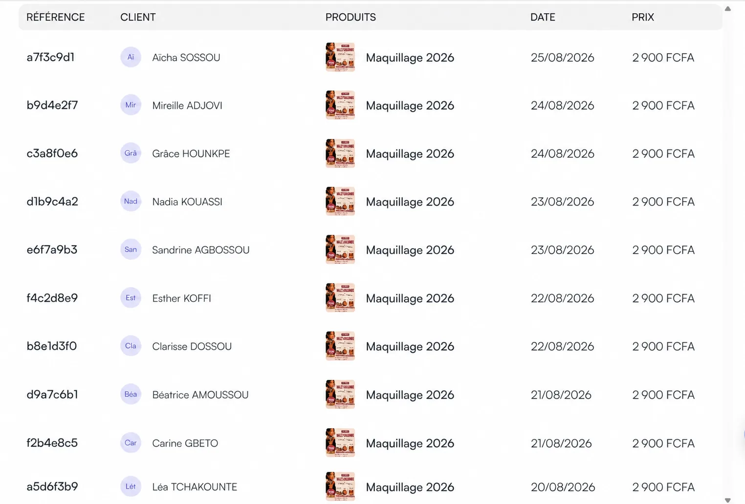 Extrait du registre de commandes réelles du Pack Beauté & Make-up